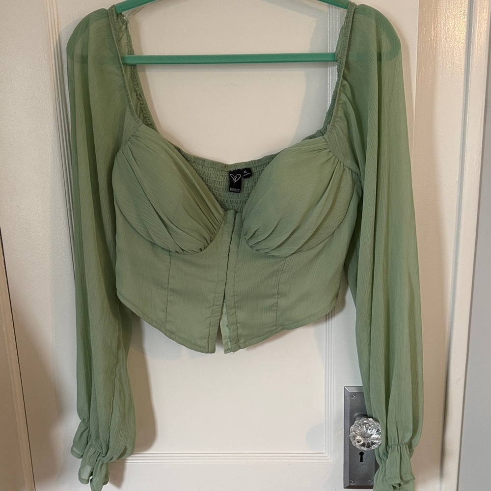 Green Long-Sleeve Women's Top - Corset Style - Clasp Front